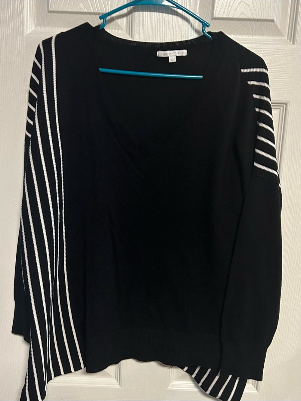 Black V-Neck Sweater with White Stripe Detail - Classic Women's Sweater